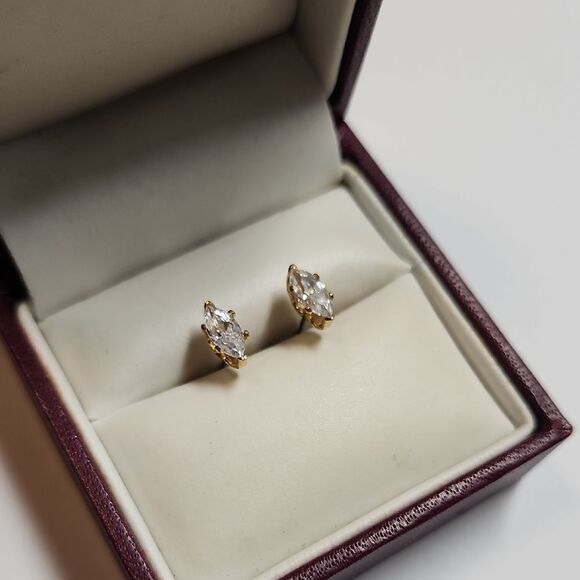 Gold Tone Marquise Cut Stud Earrings CZ - Picture 2 of 4